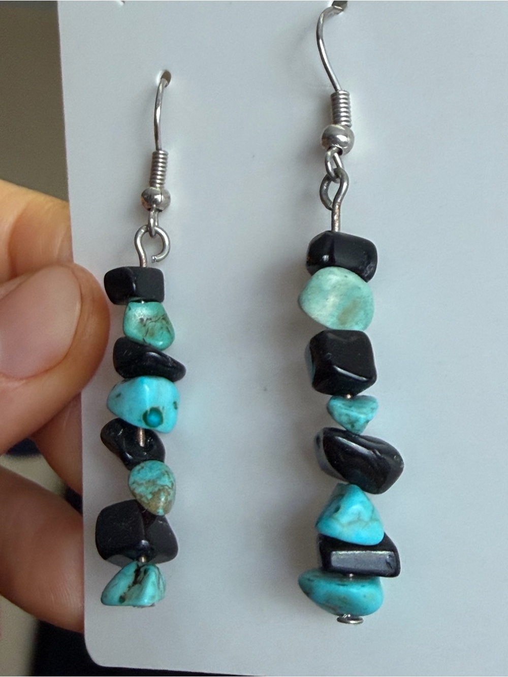 Vintage Southwestern Turquoise & Black Stone Stacked Chip Dangle Earrings Boho